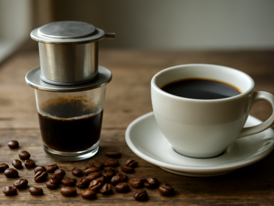 Dua cangkir kopi Laos dan kopi arabika biasa dengan biji sangrai di atas meja kayu