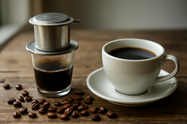 Dua cangkir kopi Laos dan kopi arabika biasa dengan biji sangrai di atas meja kayu