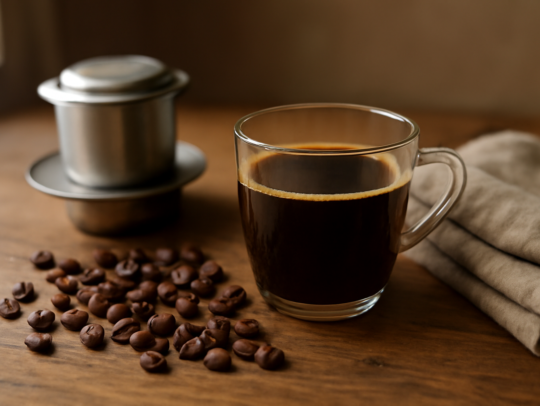 Secangkir kopi Laos hitam di atas meja kayu bersama biji kopi dan filter logam