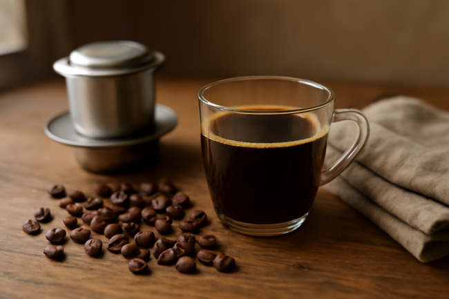 Secangkir kopi Laos hitam di atas meja kayu bersama biji kopi dan filter logam