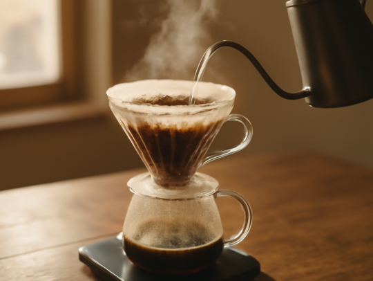 Menyeduh kopi Laos dengan dripper kaca dan teko leher angsa di atas meja kayu