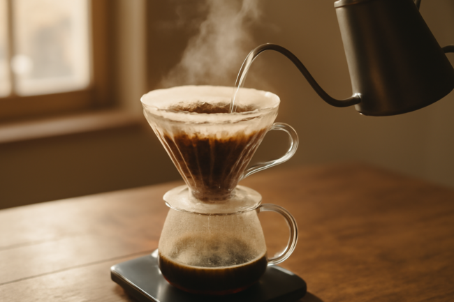 Menyeduh kopi Laos dengan dripper kaca dan teko leher angsa di atas meja kayu