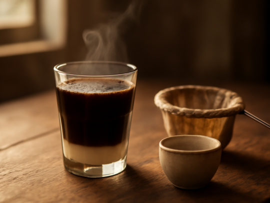 Secangkir kopi Laos kental dengan susu di atas meja kayu bersama saringan kain