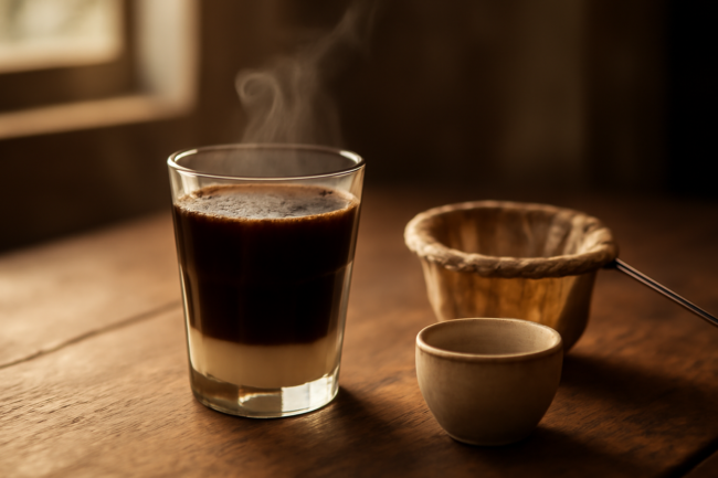 Secangkir kopi Laos kental dengan susu di atas meja kayu bersama saringan kain