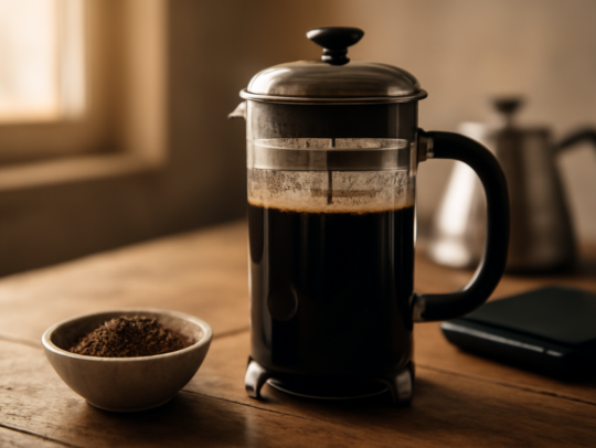 French press kaca berisi kopi Laos di atas meja kayu dengan bubuk kopi kasar dan timbangan dapur