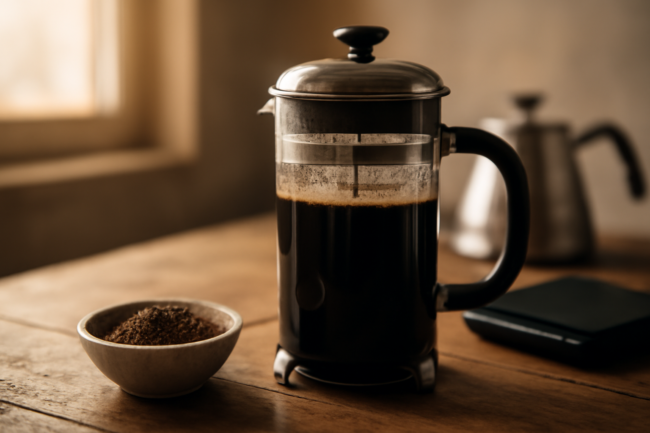 French press kaca berisi kopi Laos di atas meja kayu dengan bubuk kopi kasar dan timbangan dapur