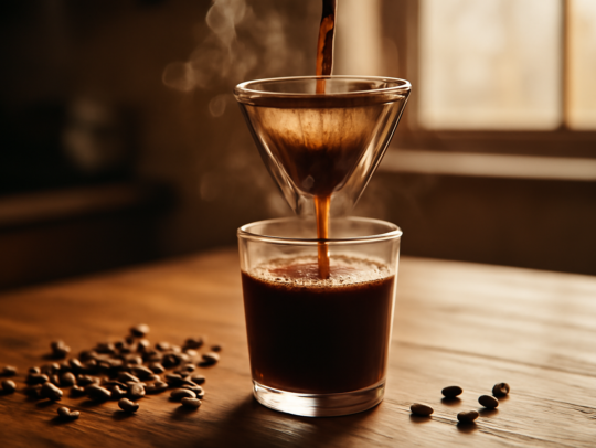 Menyeduh kopi Laos dengan saringan kain di atas gelas kaca