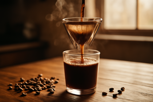 Menyeduh kopi Laos dengan saringan kain di atas gelas kaca