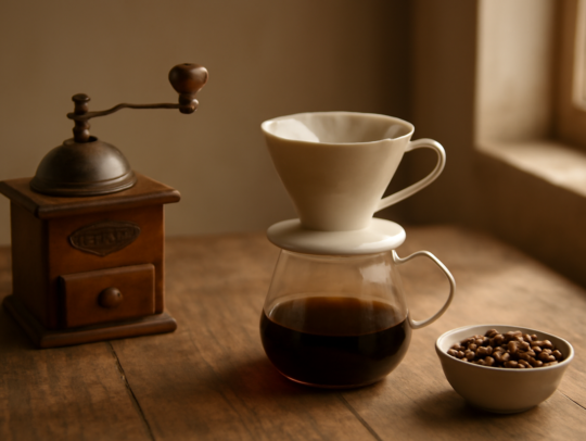 Alat seduh manual dan biji kopi Laos di atas meja kayu untuk panduan pemula