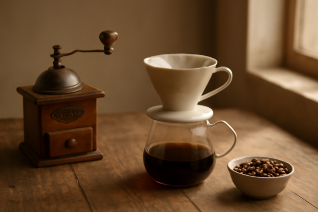 Alat seduh manual dan biji kopi Laos di atas meja kayu untuk panduan pemula