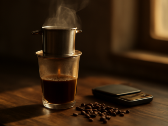 Seduhan kopi Laos dengan phin di atas meja kayu, biji kopi dan timbangan dapur di sekitarnya