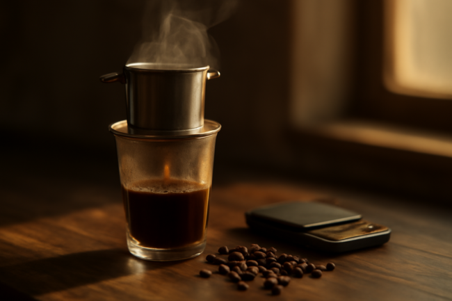 Seduhan kopi Laos dengan phin di atas meja kayu, biji kopi dan timbangan dapur di sekitarnya