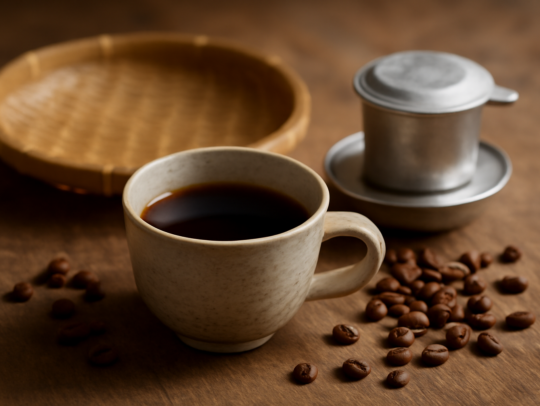 Cangkir kopi Laos kental dengan endapan dan biji kopi robusta di atas meja kayu