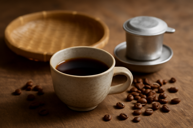 Cangkir kopi Laos kental dengan endapan dan biji kopi robusta di atas meja kayu