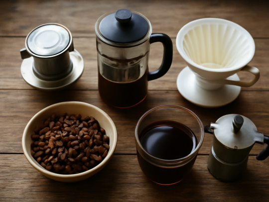 Empat alat seduh kopi Laos di atas meja kayu: phin, French press, V60, dan moka pot