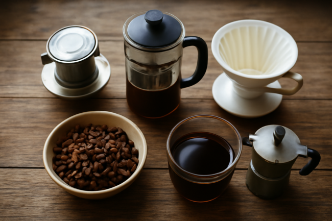 Empat alat seduh kopi Laos di atas meja kayu: phin, French press, V60, dan moka pot
