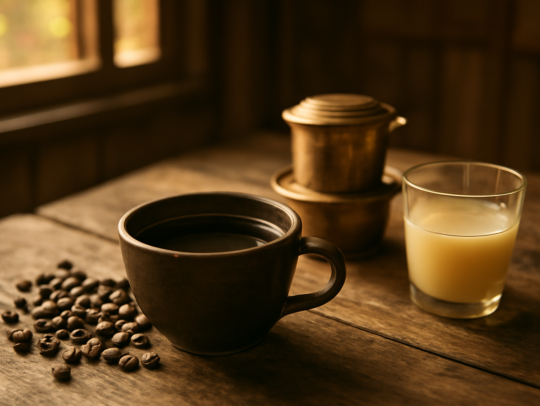 Secangkir kopi Laos hitam dengan biji sangrai gelap dan alat seduh sederhana di atas meja kayu
