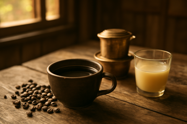 Secangkir kopi Laos hitam dengan biji sangrai gelap dan alat seduh sederhana di atas meja kayu