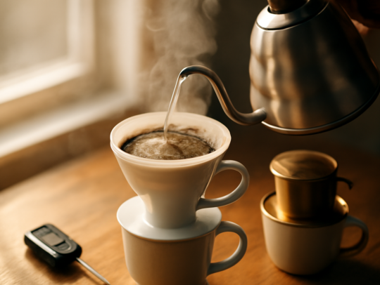 Air panas dituang dari ketel ke dripper berisi bubuk kopi Laos di atas meja kayu