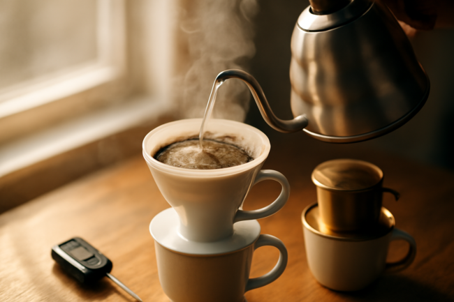 Air panas dituang dari ketel ke dripper berisi bubuk kopi Laos di atas meja kayu